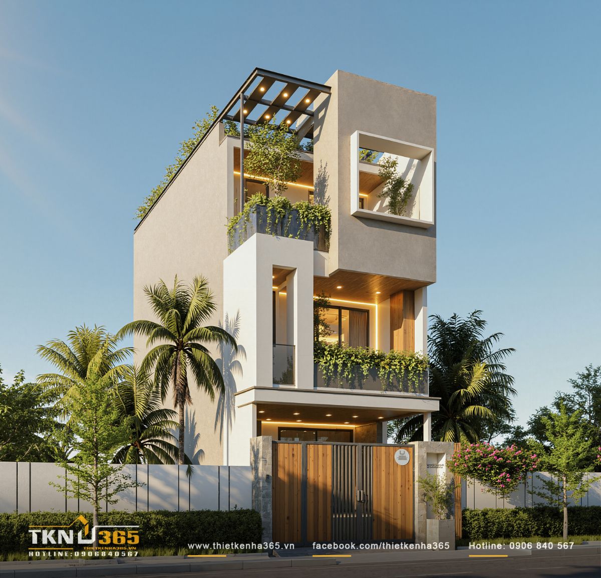 Nhà phố 3 tầng 5x20m - Mặt tiền tiết chế, không gian đủ đầy 3 Hệ pergola thép trên sân thượng kết hợp mảng xanh bố trí liên tục theo chiều cao, tạo lớp đệm vi khí hậu cho mặt tiền nhà phố 3 tầng