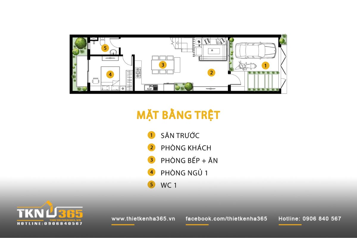 Nhà phố 3 tầng 5x20m - Mặt tiền tiết chế, không gian đủ đầy 5 Tầng trệt nhà phố 3 tầng bố trí xuyên suốt phòng khách - bếp - ăn