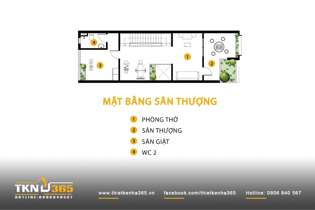 Nhà phố 3 tầng 5x20m - Mặt tiền tiết chế, không gian đủ đầy 7 Sân thượng nhà phố 3 tầng gồm phòng thờ trang trọng, sân thượng thư giãn và khu giặt tách biệt phía sau