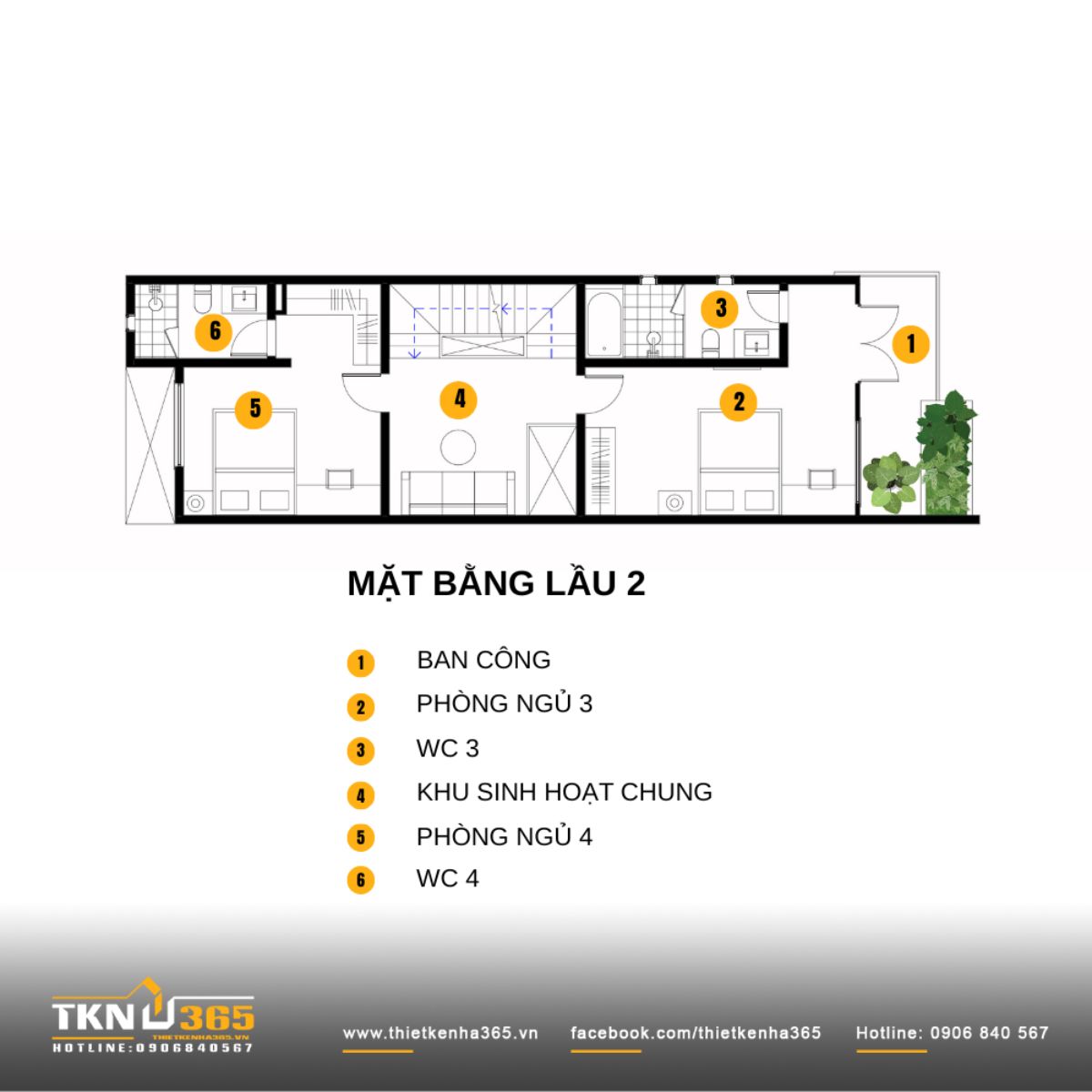 Mặt bằng lầu hai duy trì cấu trúc phòng ngủ tương tự, bổ sung khu sinh hoạt chung như một lớp không gian chuyển tiếp giữa các phòng riêng