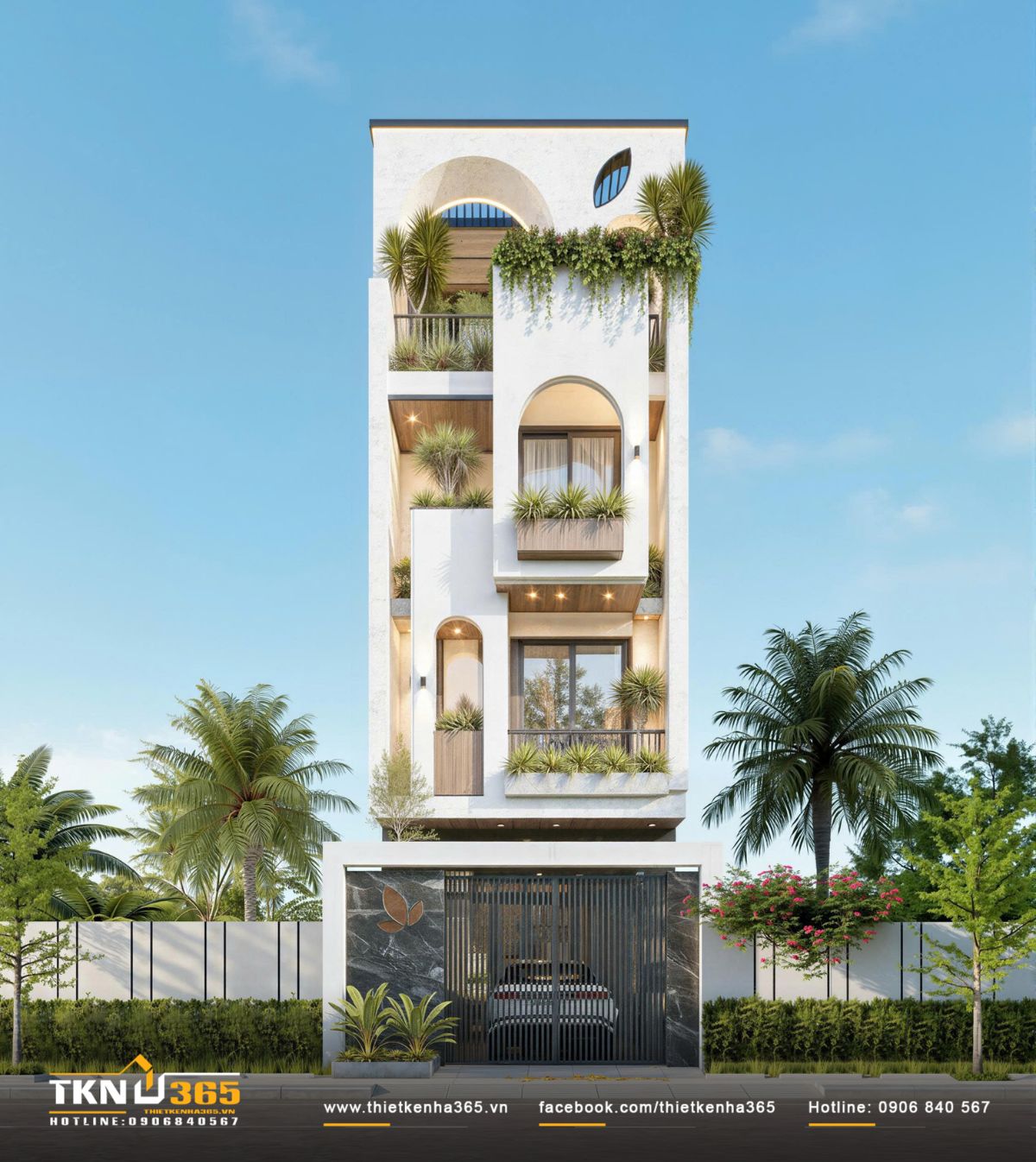 Mặt tiền nhà phố 4 tầng 4x18m nổi bật với hệ vòm cong đặt trong khối vuông vức, tạo đối thoại mềm - cứng rõ ràng ngay từ ánh nhìn đầu tiên