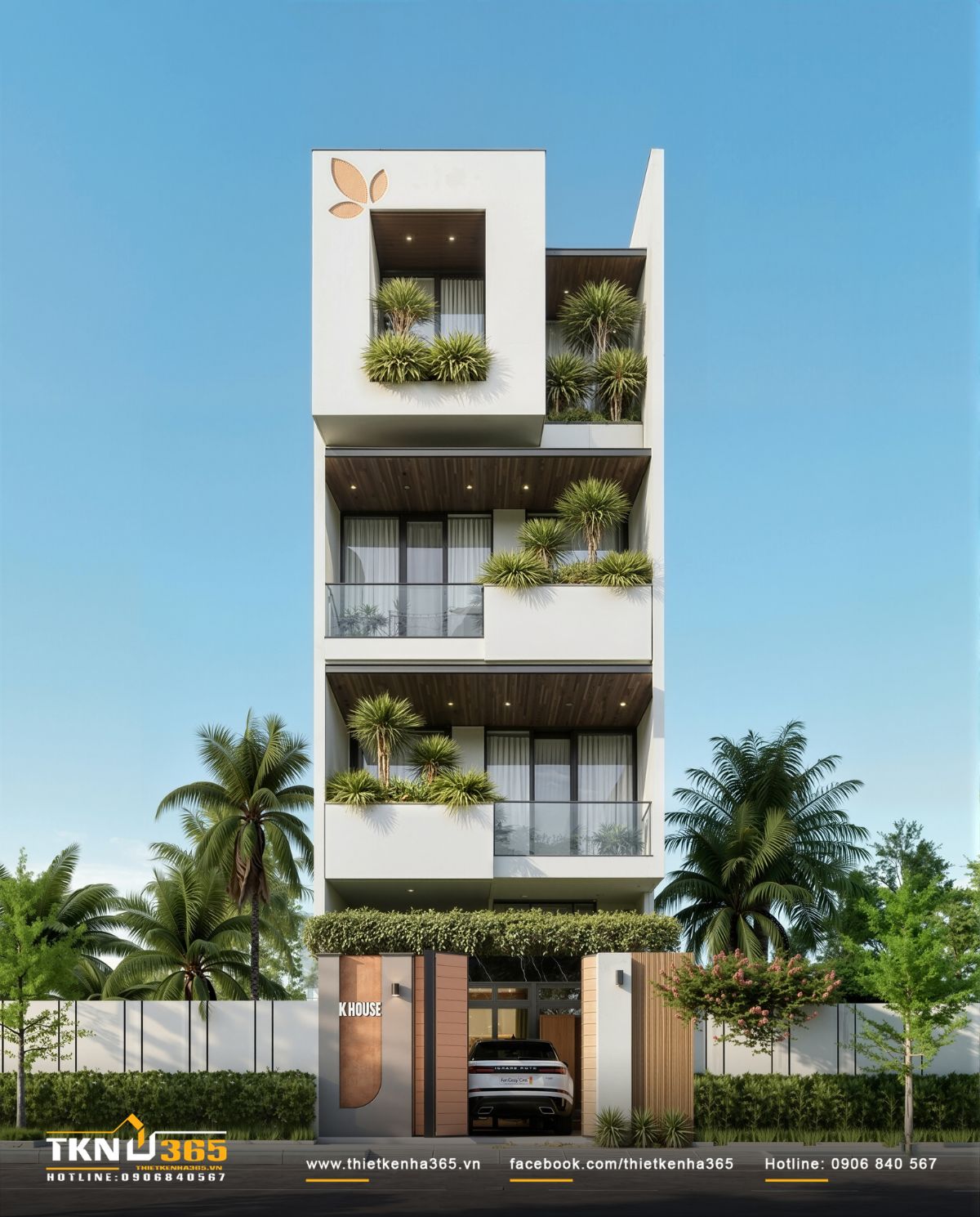 Mặt tiền nhà phố 4 tầng xếp lớp rõ ràng với khối đua - lùi và cây xanh bố trí dày ở ban công tạo chiều sâu thị giác