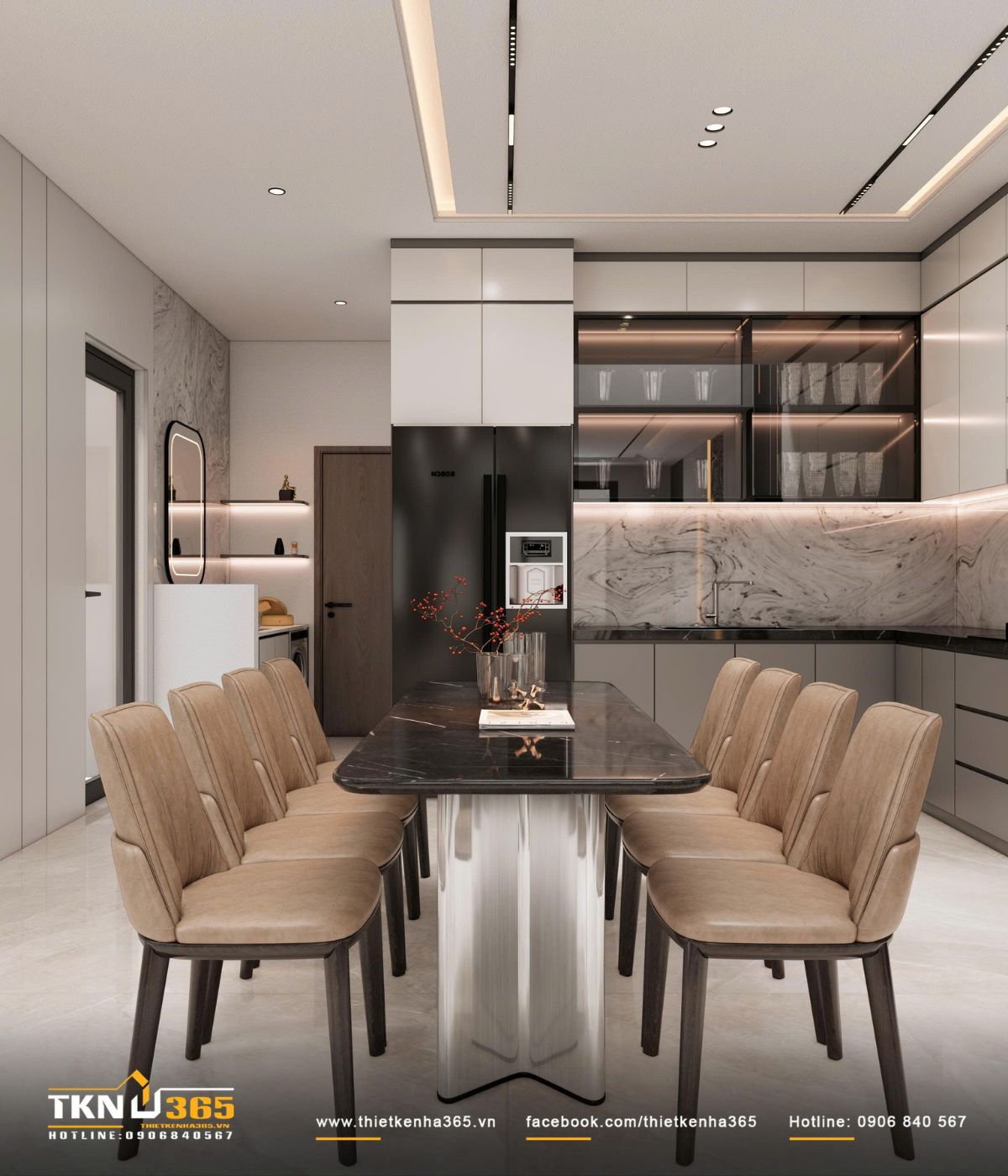 Bàn ăn mặt đá đen đặt giữa không gian tạo điểm nhấn tương phản, cân bằng cùng ghế bọc da tông be ấm