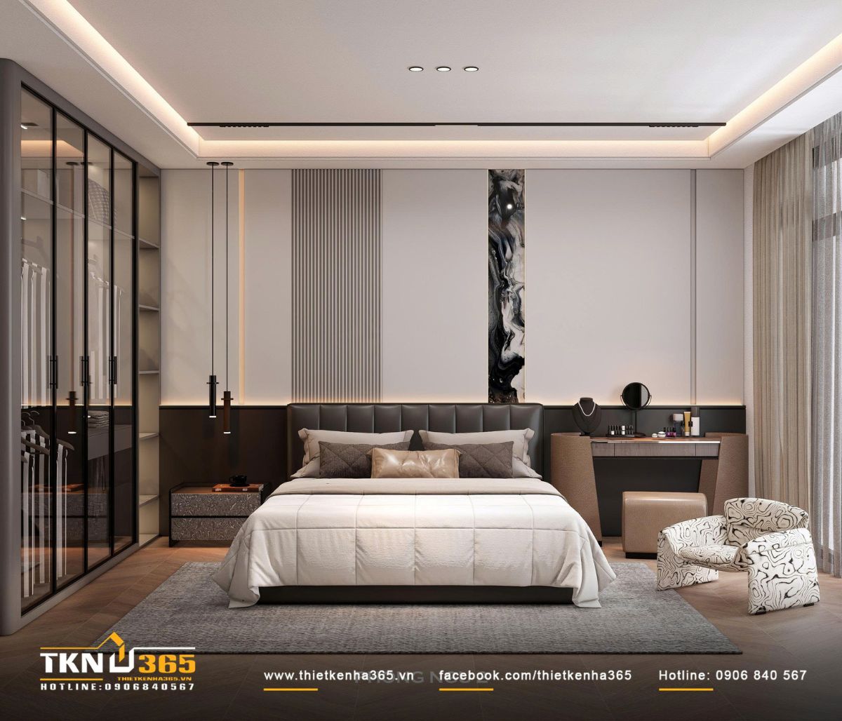Đầu giường ốp đá tối màu kết hợp lam dọc tạo điểm nhấn trang nhã và chiều sâu cho không gian nghỉ ngơi