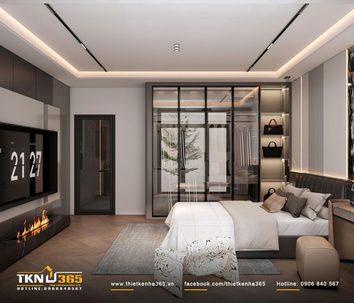 Hệ tủ kính kịch trần tích hợp đèn LED giúp khu vực lưu trữ trở nên sang trọng và nhẹ nhàng hơn