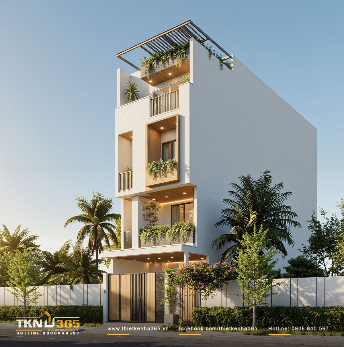 Cấu trúc nhà phố 4 tầng mạch lạc, các khoảng lõm âm tường và hệ lam sân thượng giúp tăng hiệu quả che nắng trong điều kiện khí hậu nhiệt đới