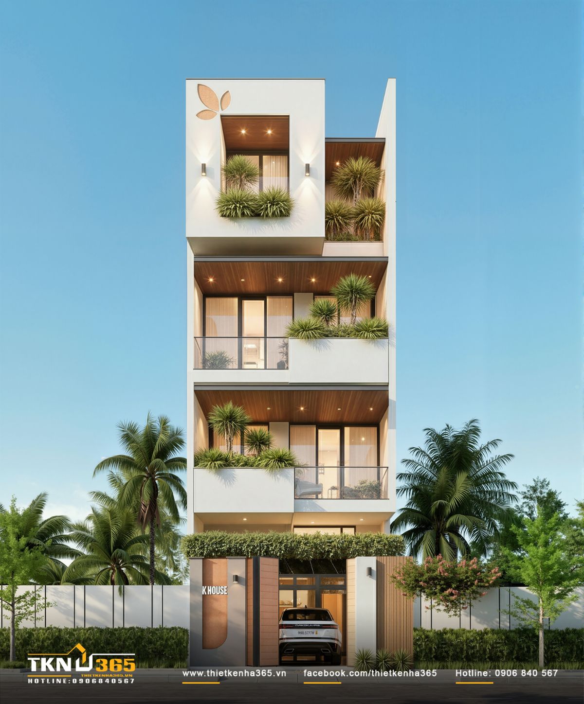 Khi lên đèn, trần gỗ và ánh sáng âm trần làm nổi bật cấu trúc đặc - rỗng của toàn bộ mặt tiền nhà phố 4 tầng