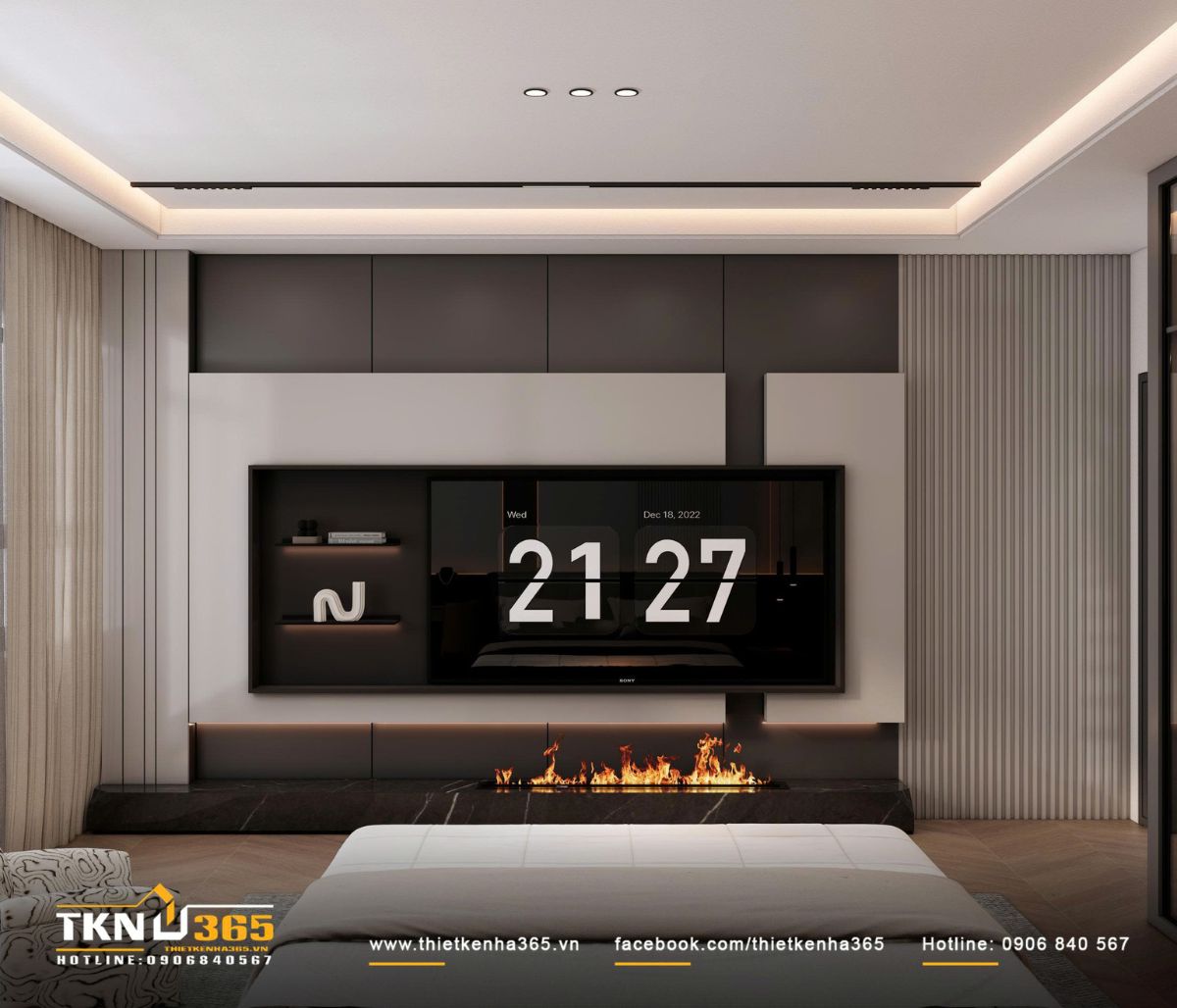 Mảng tường tivi thiết kế tối giản tạo điểm nhấn ấm áp đối diện giường ngủ