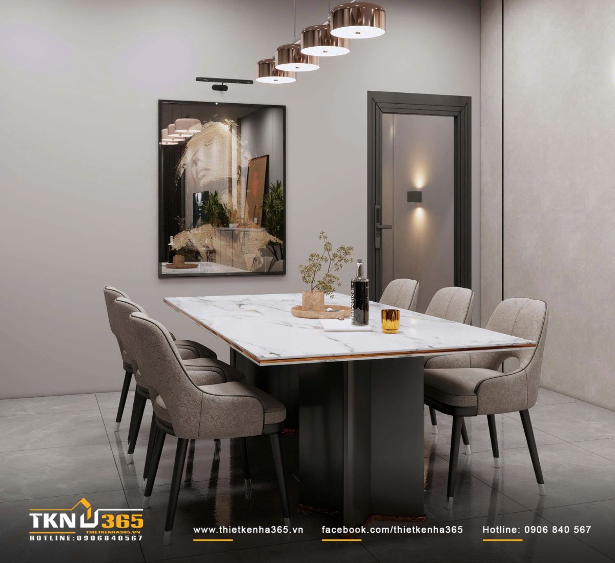 Bàn ăn hình chữ nhật bằng đá vân nhẹ kết hợp chân bàn khối đen chắc chắn, tạo thế cân bằng với hệ tủ bếp phía sau