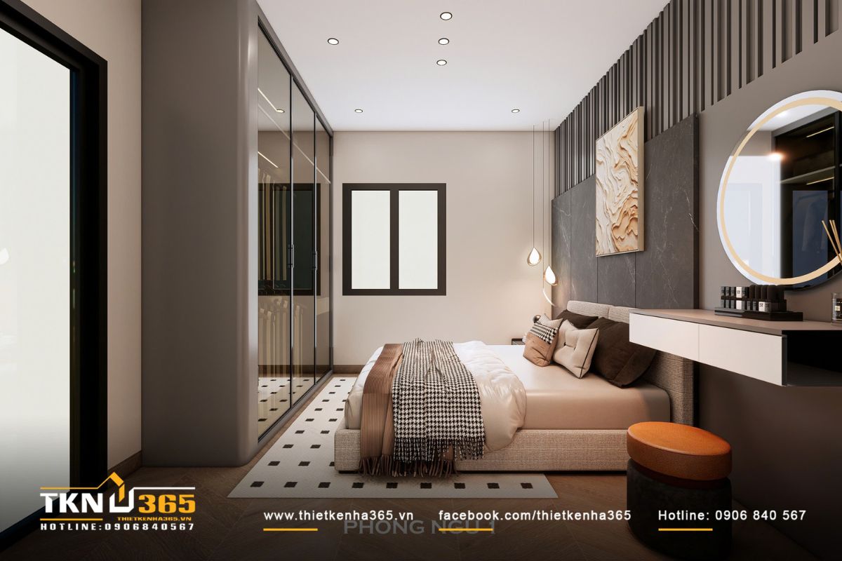 Bố cục giường - tivi - tủ quần áo được tổ chức mạch lạc, tối ưu diện tích sử dụng trong phòng