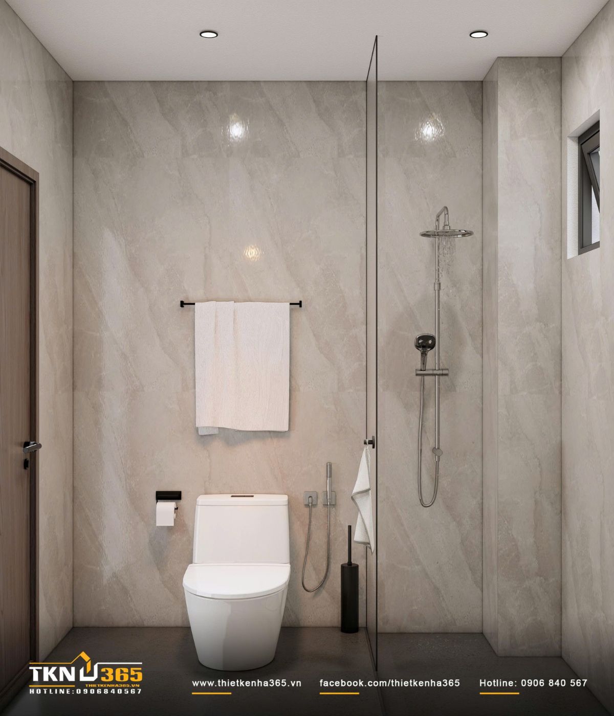 Phòng vệ sinh sử dụng đá marble ốp tường toàn phần, kết hợp vách kính phân tách rõ khu tắm đứng và khu khô