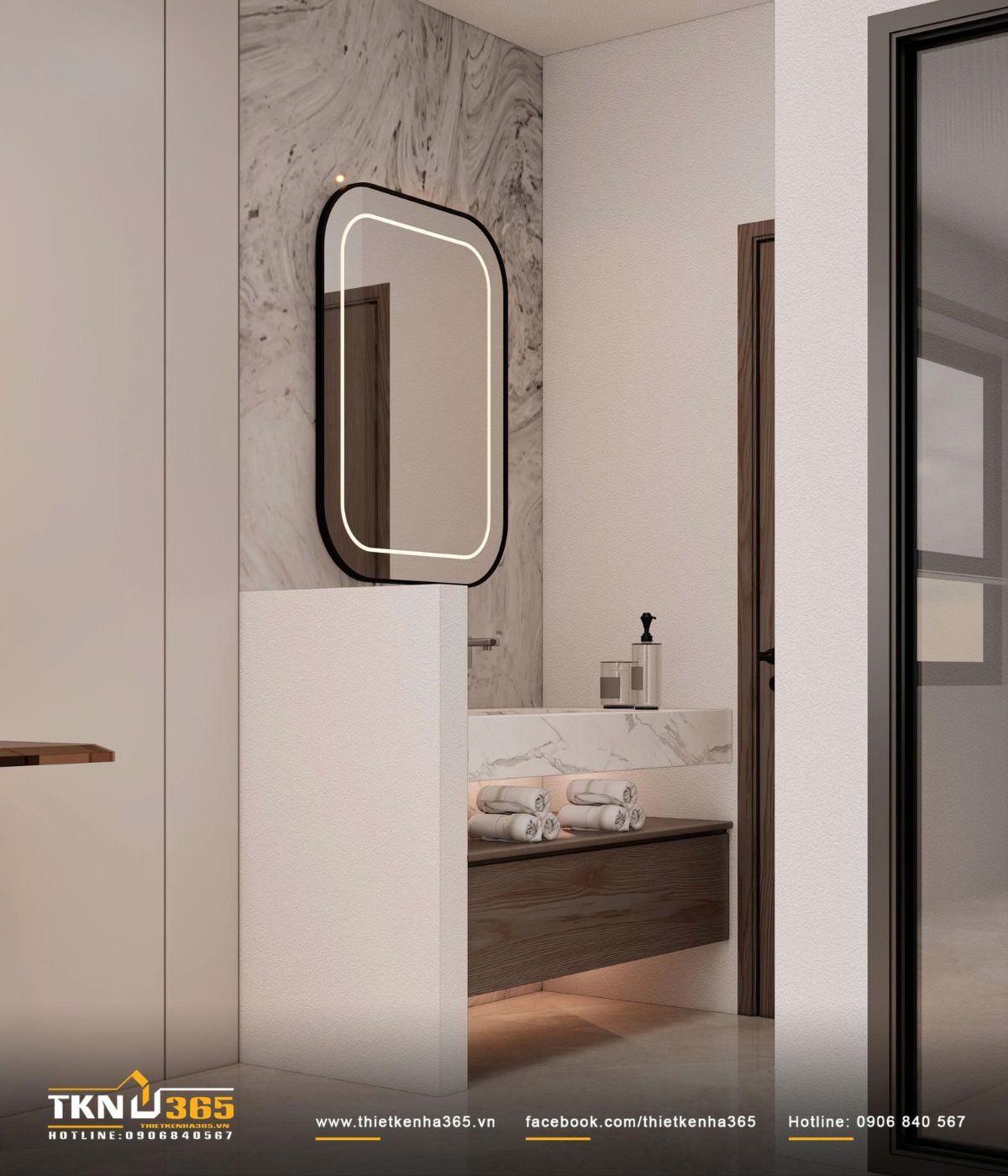 Lavabo treo tường cùng gương LED bo góc tạo bố cục gọn gàng, hiện đại và dễ vệ sinh