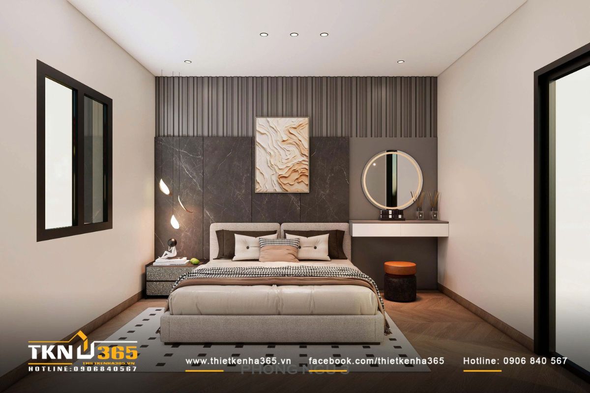 Bàn trang điểm treo tường và gương tròn viền sáng, tạo điểm nhấn mềm mại giữa các đường thẳng dứt khoát