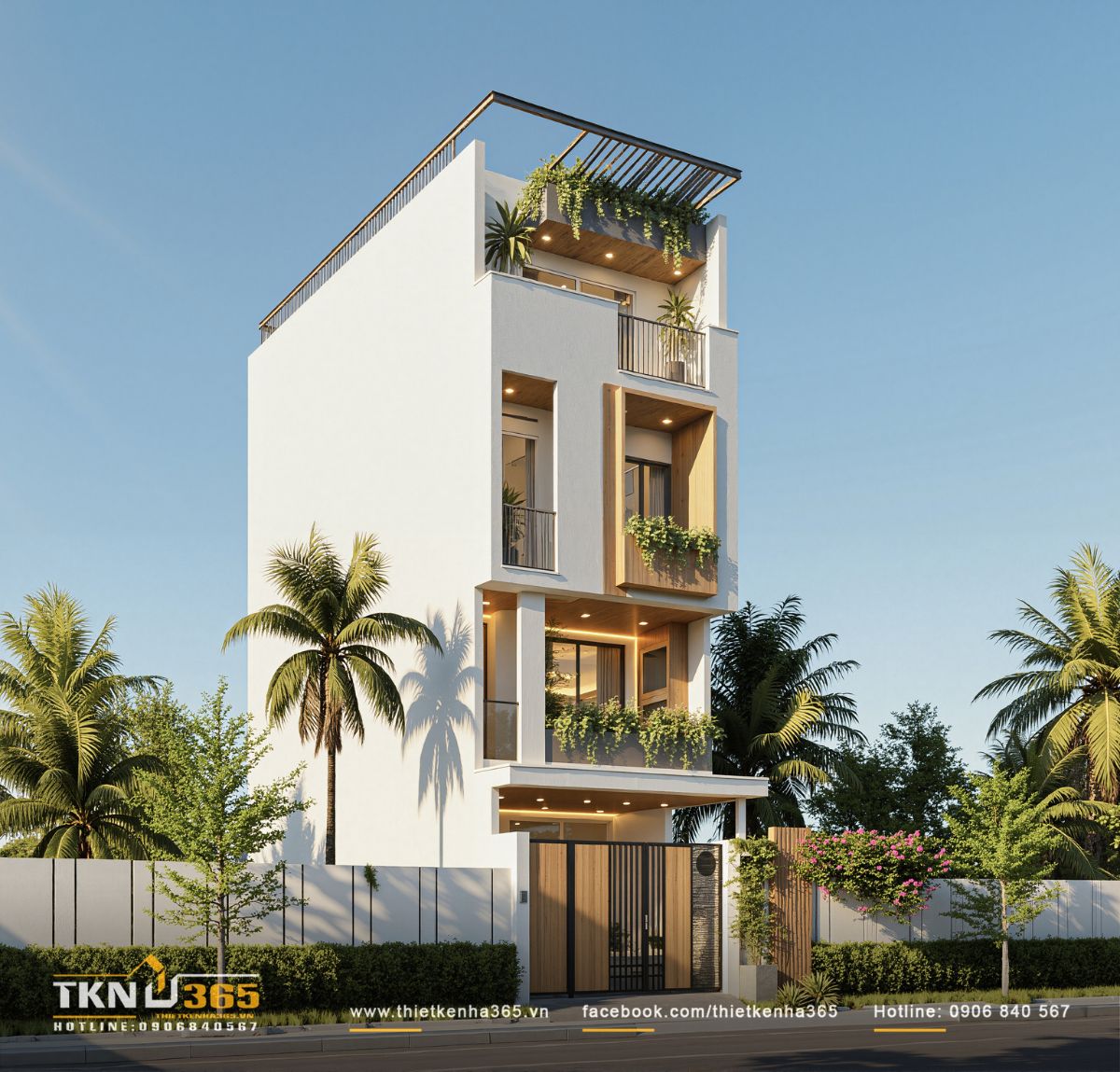 Mặt tiền nhà phố 4 tầng nổi bật với tông trắng chủ đạo kết hợp ốp gỗ ấm, ban công xanh xuyên suốt từ tầng trệt đến sân thượng tạo thành “mặt đứng xanh” theo chiều cao công trình