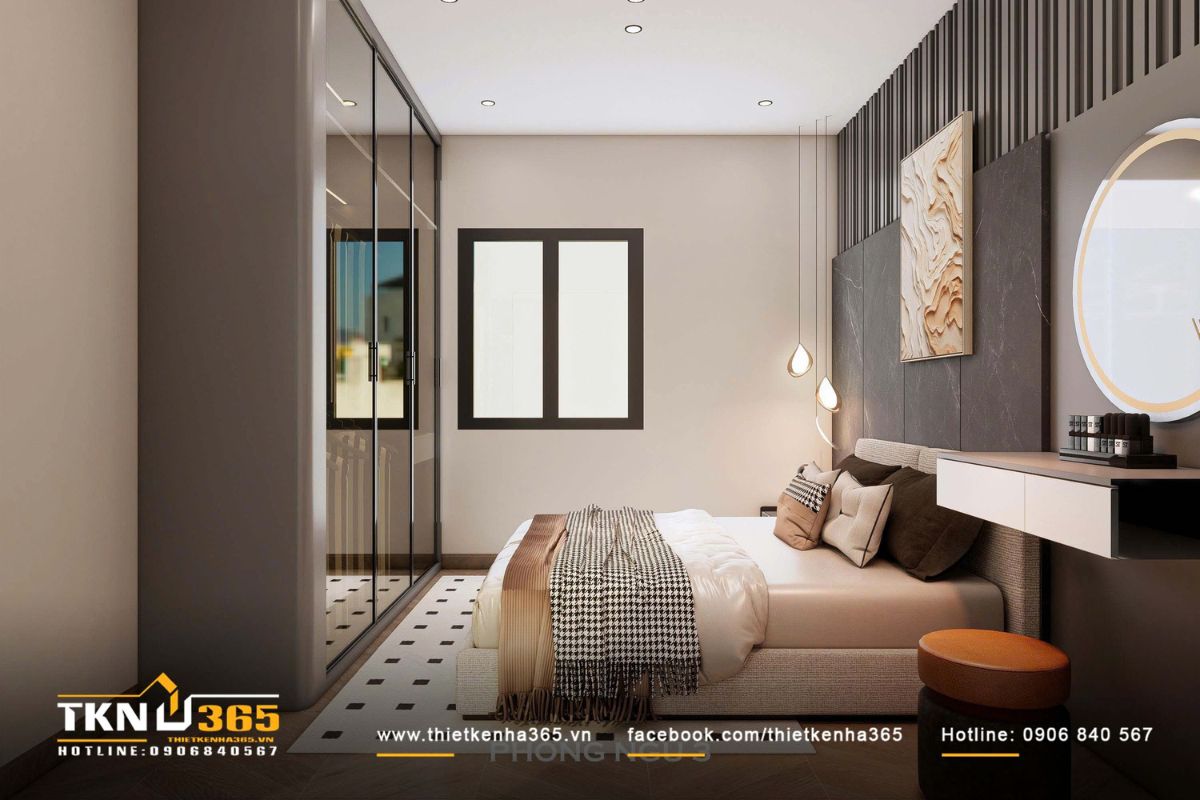 Phòng ngủ kết hợp hài hòa giữa ánh sáng nhân tạo và ánh sáng tự nhiên từ cửa sổ lớn