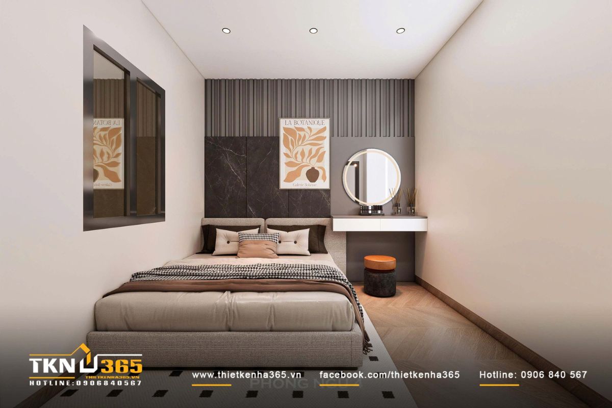 Mảng tường đầu giường với tranh trang trí trung tâm giúp hoàn thiện bố cục và tăng tính nghệ thuật cho không gian nghỉ ngơi