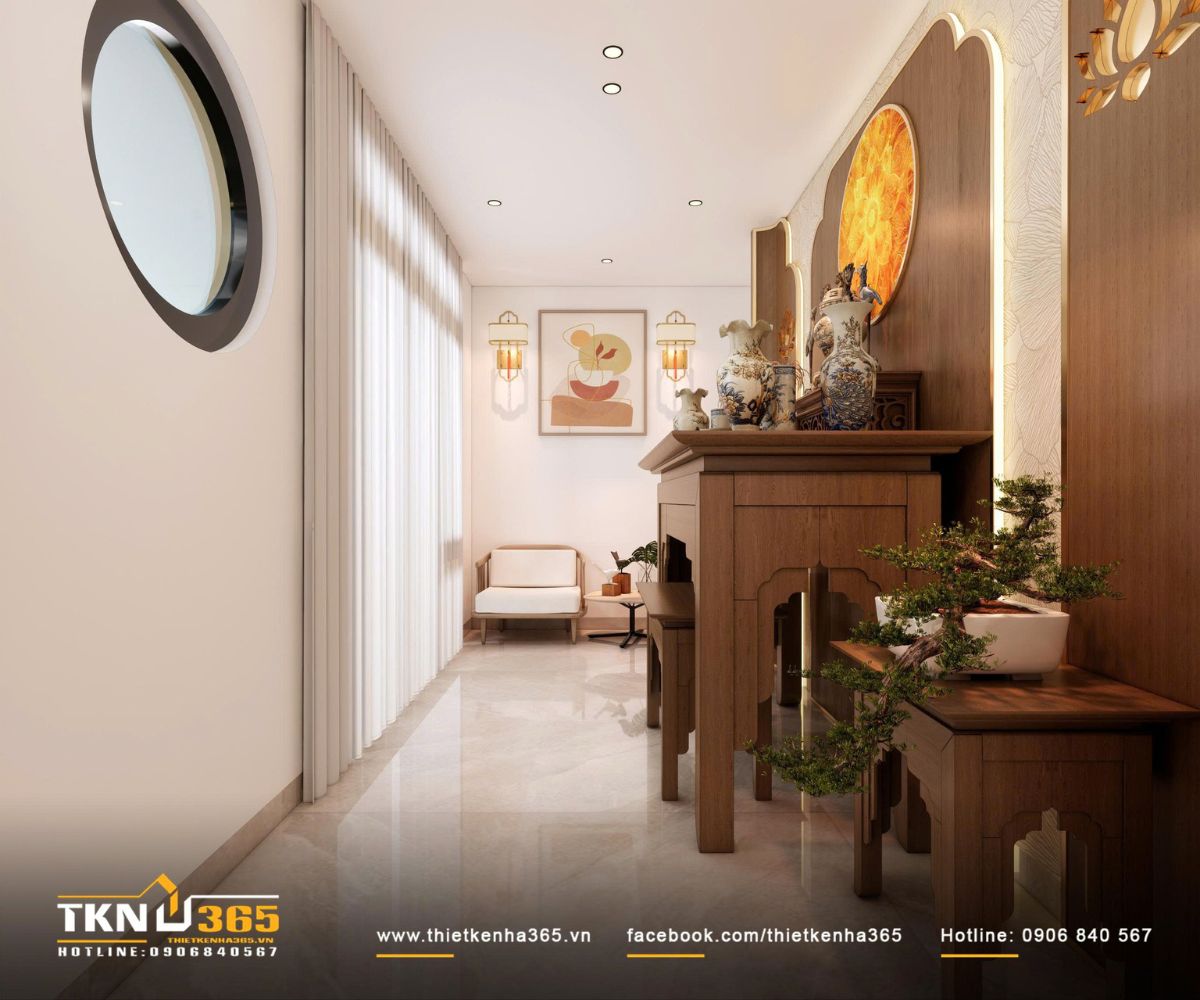 Bàn thờ được đặt trong khung ốp gỗ kết hợp họa tiết hoa sen và vòng tròn phát sáng phía sau làm điểm nhấn linh thiêng