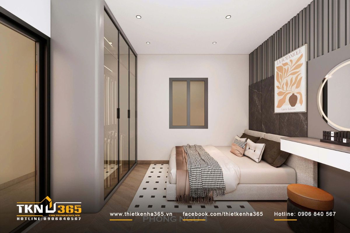 Sàn gỗ xương cá làm tăng cảm giác ấm áp và chuyển động cho phòng ngủ trong nhà phố 4 tầng