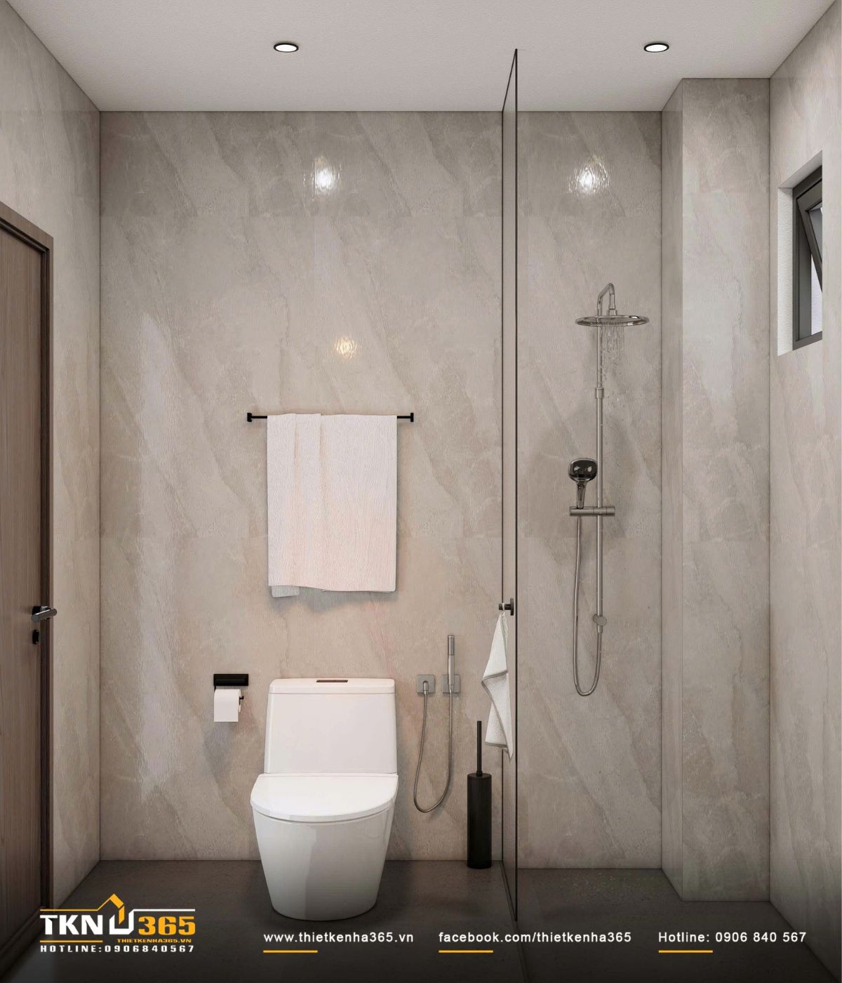 Thiết kế phòng tắm với đá vân sáng ốp toàn bộ tường và vách kính cho khu vực tắm đứng, tạo cảm giác sạch sẽ và liền mạch