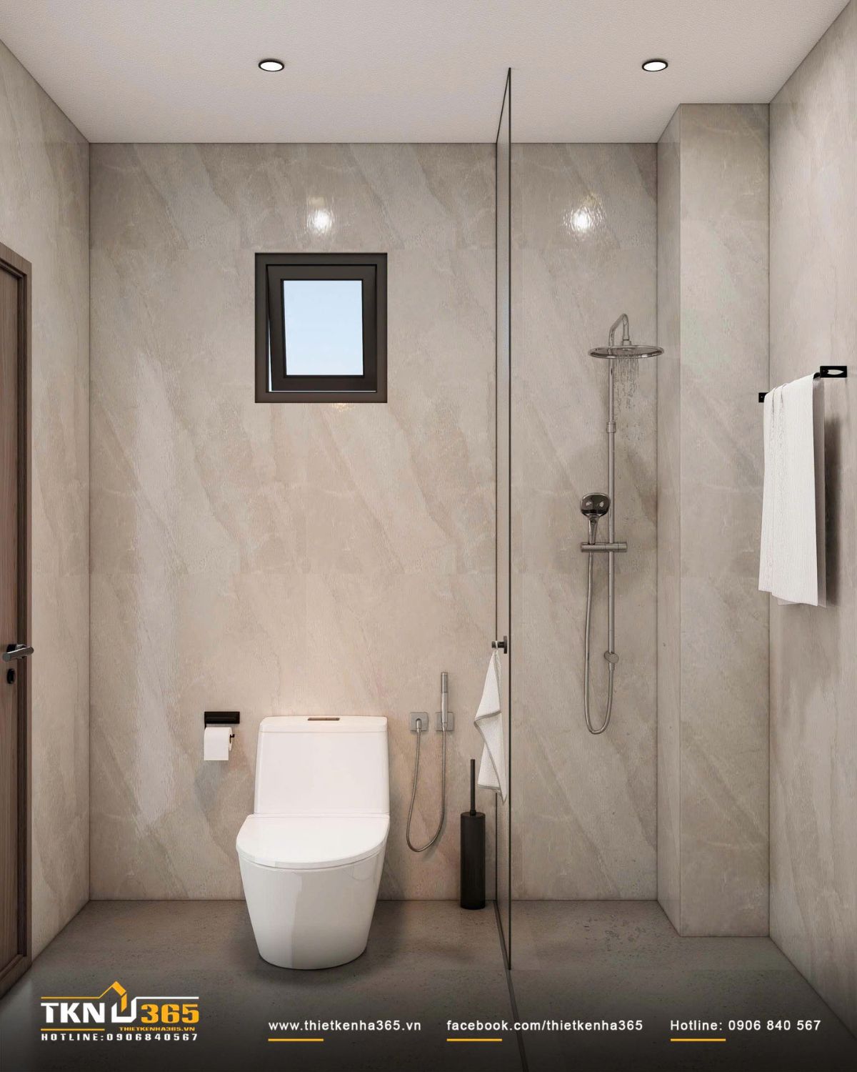 Phòng tắm phân chia khu vực khô - ướt rõ ràng, phụ kiện đen mờ đồng bộ với khung cửa và tay nắm