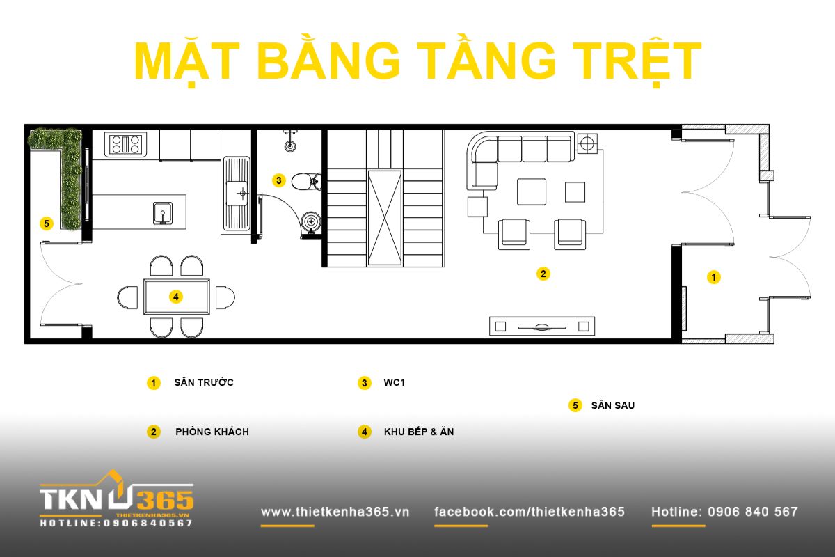 Mặt bằng tầng trệt tổ chức quanh lõi thang trung tâm, gồm sân trước - phòng khách - bếp ăn liên thông và sân sau thông gió, đảm bảo giao thông rõ ràng và thoáng khí