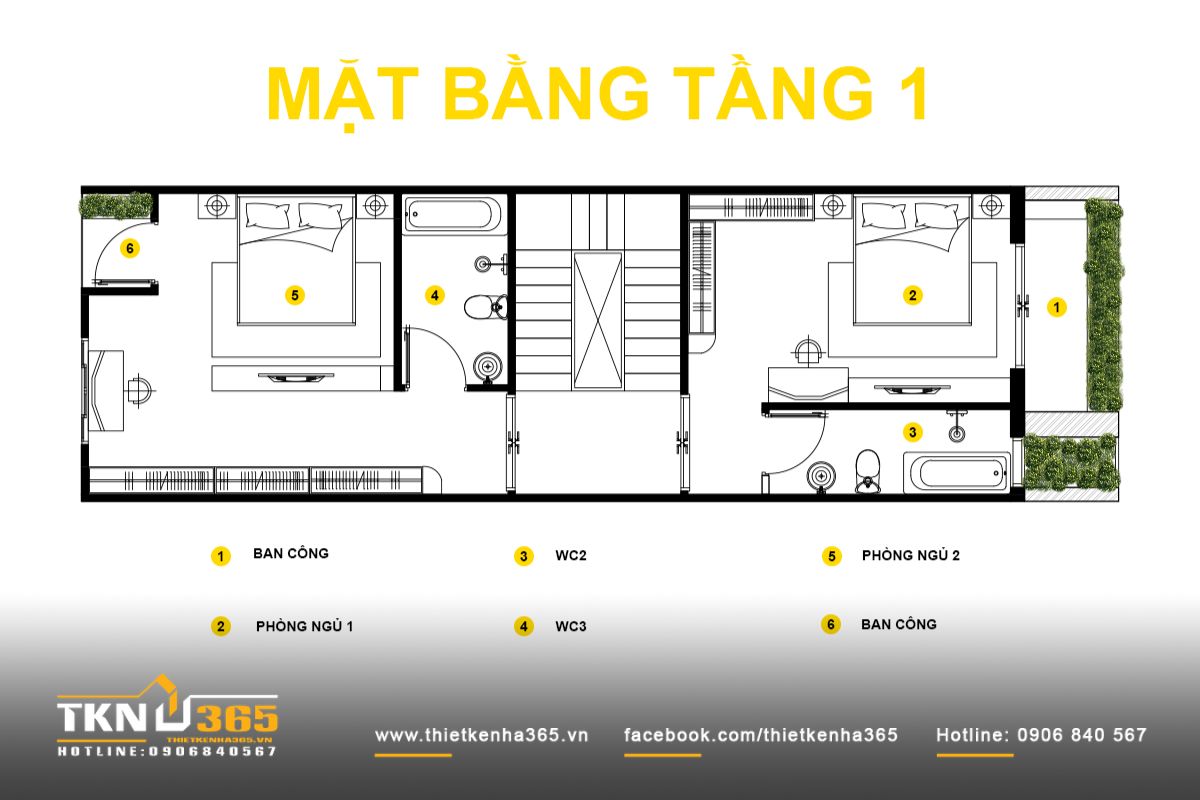 Mặt bằng tầng 1 bố trí hai phòng ngủ, ban công trước sau và hệ WC đặt gần lõi thang nhằm tối ưu đường ống kỹ thuật và tăng hiệu quả sử dụng diện tích