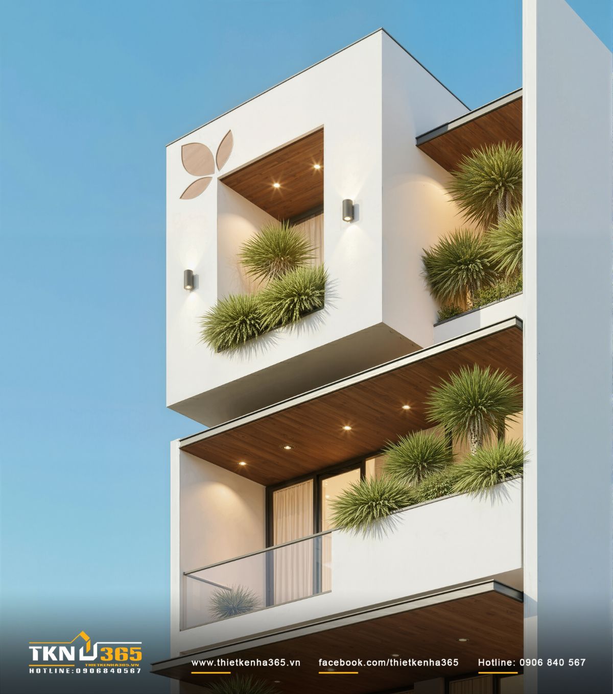 Khối hộp tầng trên khoét lõm mạnh, trần ốp gỗ và cây xanh tạo điểm nhấn kiến trúc dứt khoát