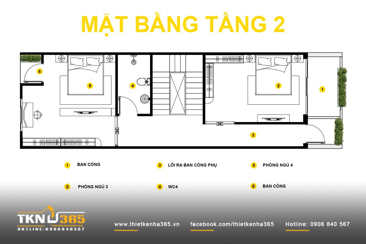 Mặt bằng tầng 2 tiếp tục duy trì cấu trúc công năng tương tự tầng 1, đảm bảo sự riêng tư cho từng phòng ngủ và tăng cường tiếp xúc ánh sáng tự nhiên qua ban công