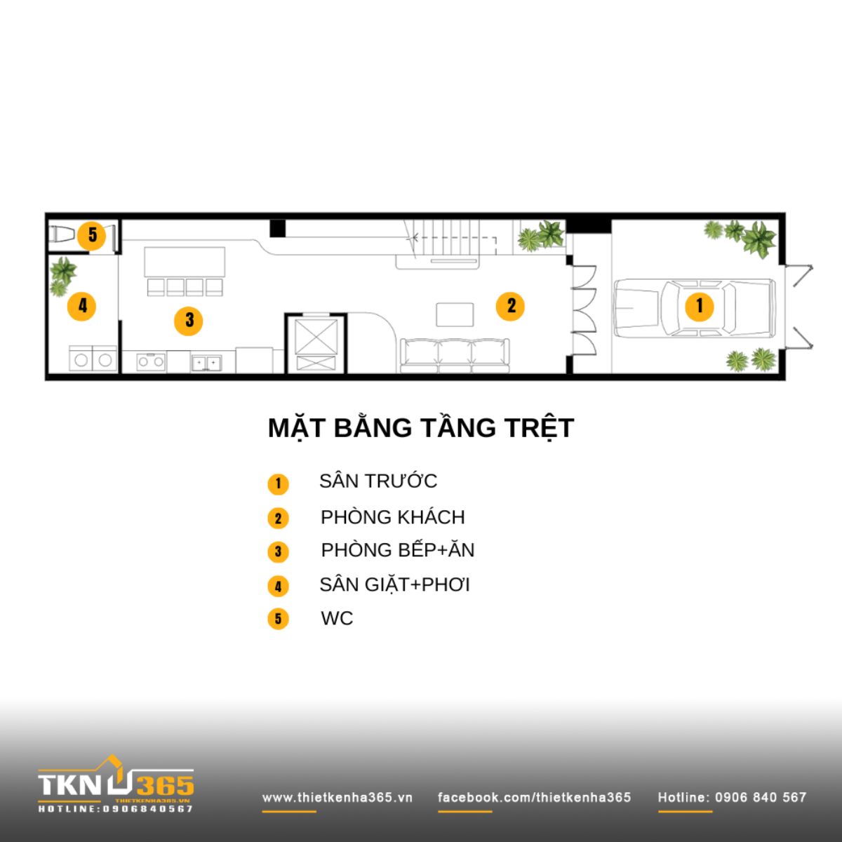 Tầng trệt nhà phố 4 tầng tổ chức theo trục dọc liên thông khách - bếp - ăn, phía trước là sân đỗ xe và phía sau là khu giặt phơi kín đáo