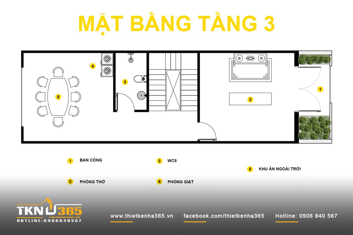 Mặt bằng tầng 3 gồm phòng thờ phía trước và khu ăn uống ngoài trời phía sau, kết hợp lam che và cây xanh giúp sân thượng sử dụng linh hoạt