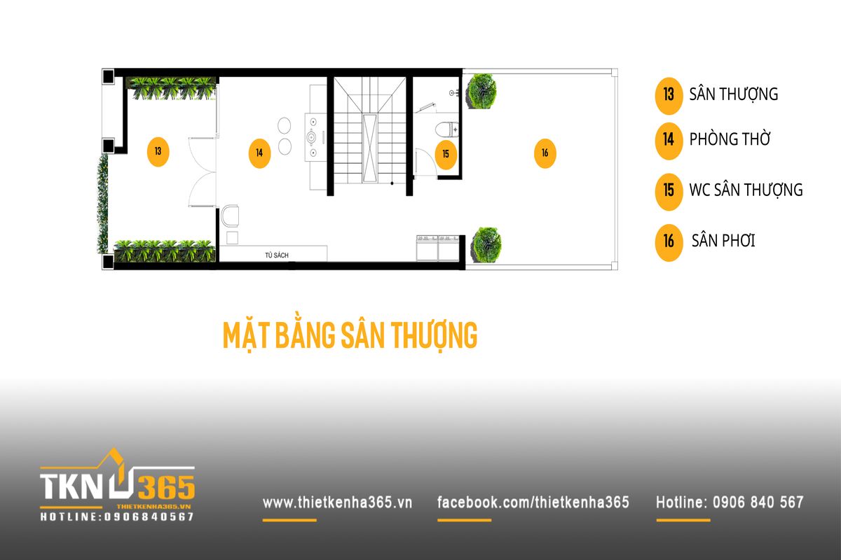 Mặt bằng sân thượng với phòng thờ trang trọng, sân phơi và khoảng xanh hoàn thiện không gian theo phương đứng