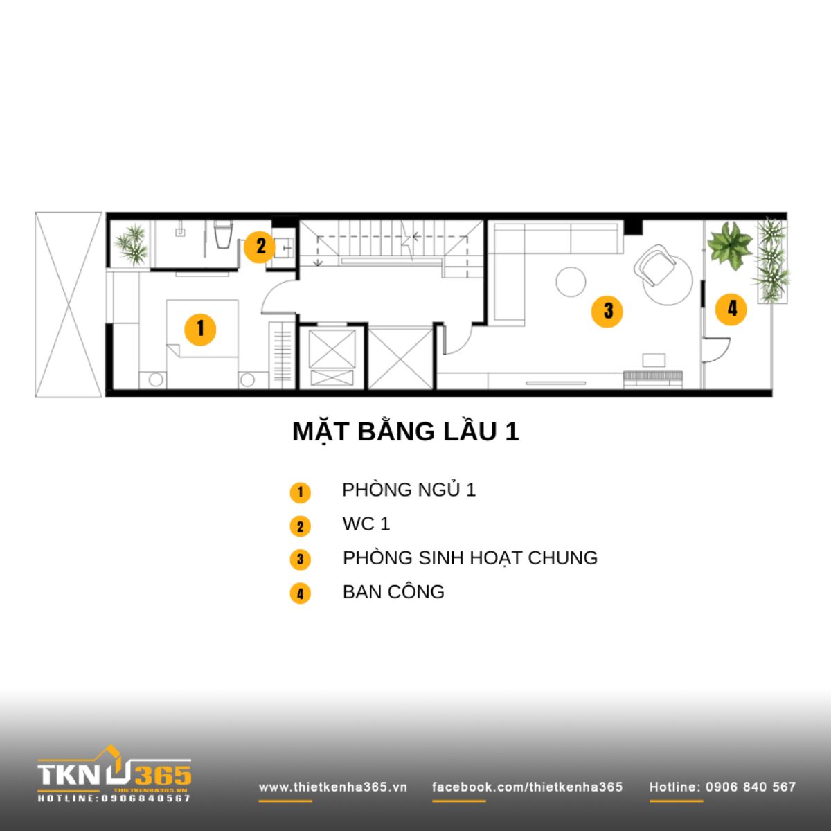 Lầu 1 bố trí một phòng ngủ và không gian sinh hoạt chung hướng ban công, tạo điểm kết nối giữa các thành viên