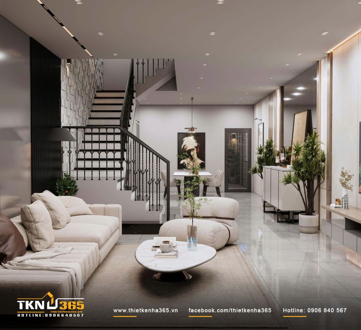 Trong nhà phố 4 tầng 4x18m, phòng khách kết nối liền mạch với khu vực bếp - ăn, đảm bảo khả năng tương tác giữa các thành viên trong gia đình