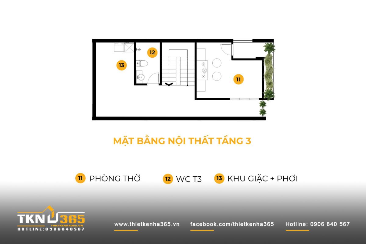 Mặt bằng tầng 3 gồm phòng thờ phía trước, khu giặt phơi phía sau và sân thượng trồng cây xanh, hoàn thiện chuỗi công năng mạch lạc của nhà phố 4 tầng