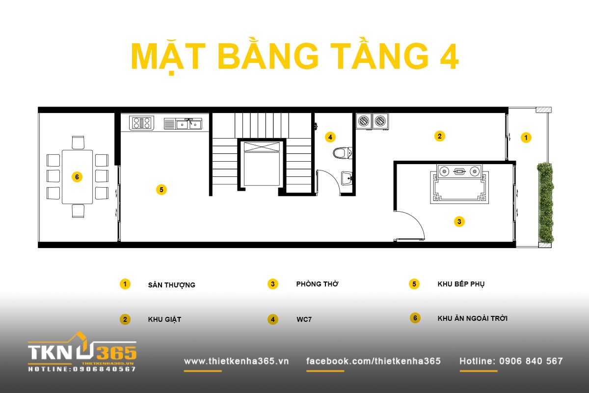 Thiết kế nhà phố 5 tầng với ban công xanh - Giải pháp cân bằng tỷ lệ và vi khí hậu 10 Tầng 4 gồm phòng thờ hướng ra sân thượng, khu giặt và bếp phụ, hoàn thiện chuỗi không gian sinh hoạt theo phương đứng của nhà phố 5 tầng