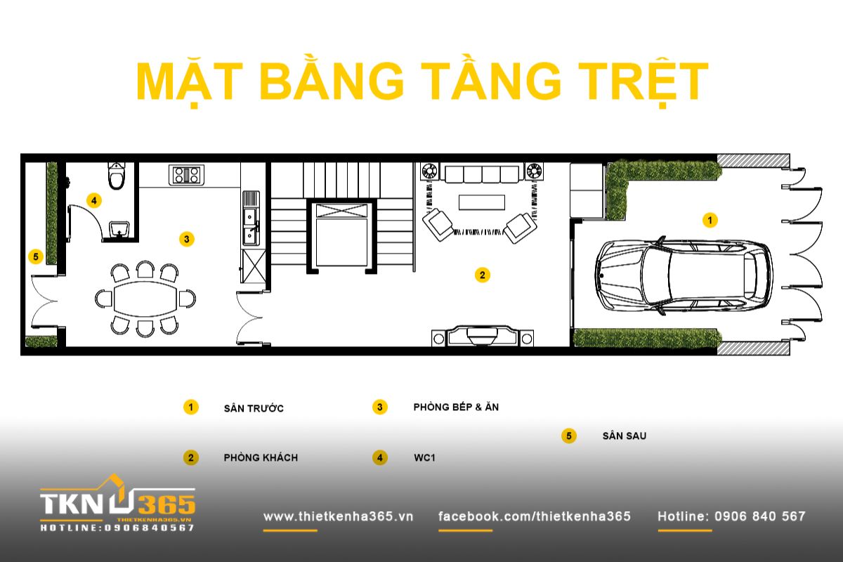 Thiết kế nhà phố 5 tầng với ban công xanh - Giải pháp cân bằng tỷ lệ và vi khí hậu 6 Mặt bằng tầng trệt nhà phố 5 tầng tổ chức không gian liên tục với sân trước - phòng khách - bếp ăn - sân sau, tạo dòng đối lưu gió tự nhiên xuyên suốt chiều sâu 20m