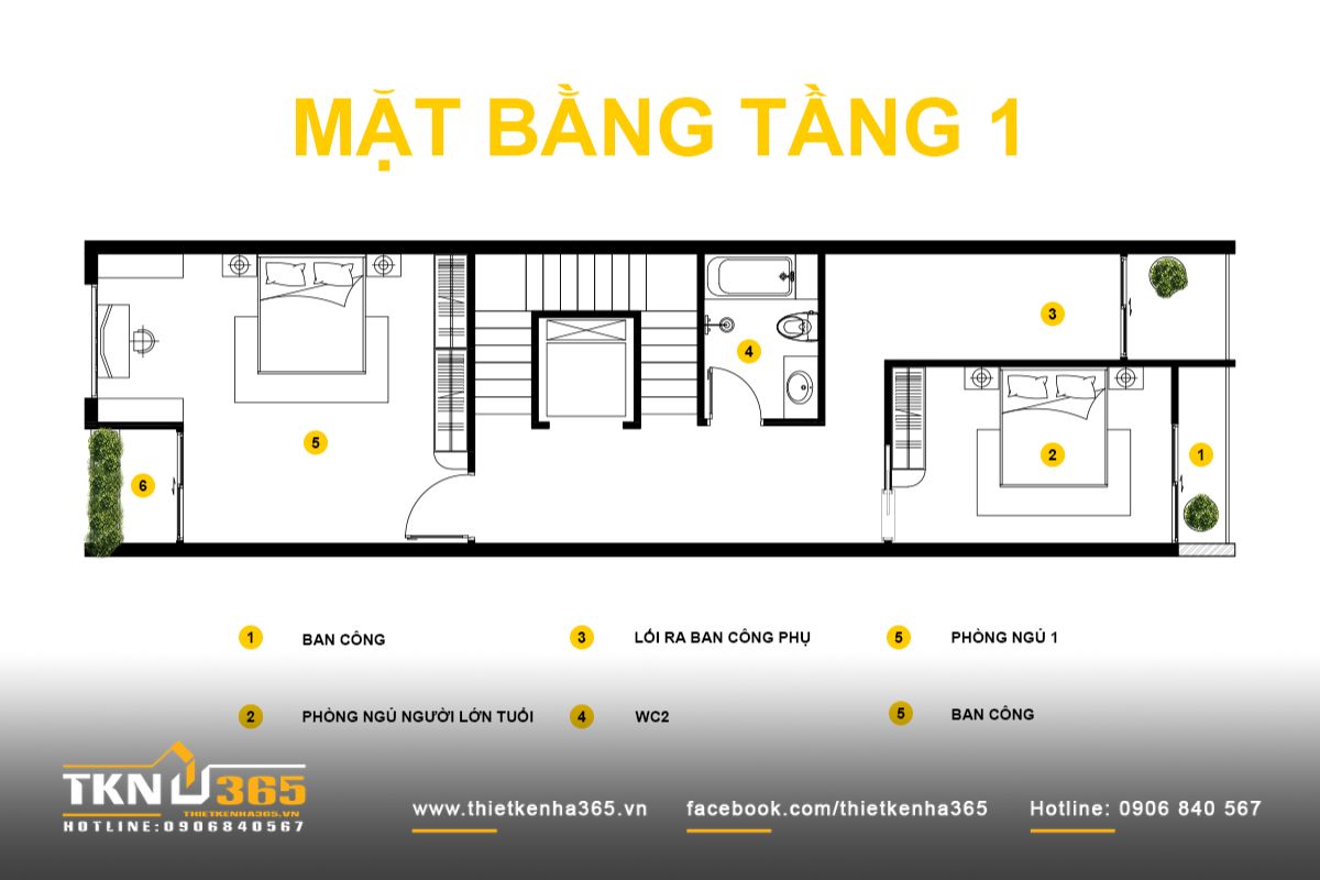 Thiết kế nhà phố 5 tầng với ban công xanh - Giải pháp cân bằng tỷ lệ và vi khí hậu 7 Mặt bằng tầng 1 nhà phố 5 tầng bố trí phòng ngủ người lớn tuổi phía trước, phòng ngủ phía sau yên tĩnh, hai đầu nhà đều có ban công đảm bảo thông thoáng