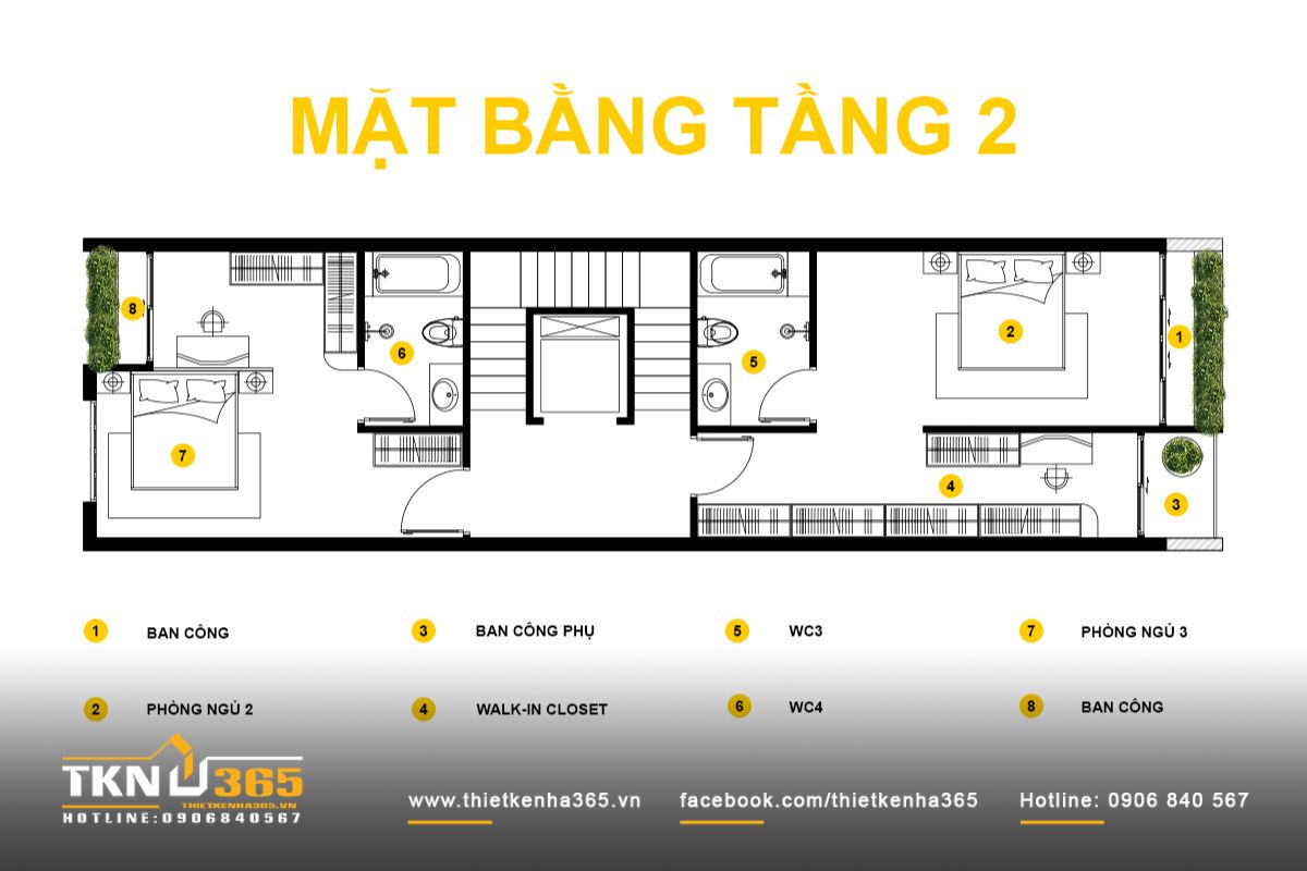 Thiết kế nhà phố 5 tầng với ban công xanh - Giải pháp cân bằng tỷ lệ và vi khí hậu 8 Mặt bằng tầng 2 nhà phố 5 tầng với các phòng ngủ có WC khép kín và phòng thay đồ, tăng tính riêng tư và tiện nghi cho từng thành viên