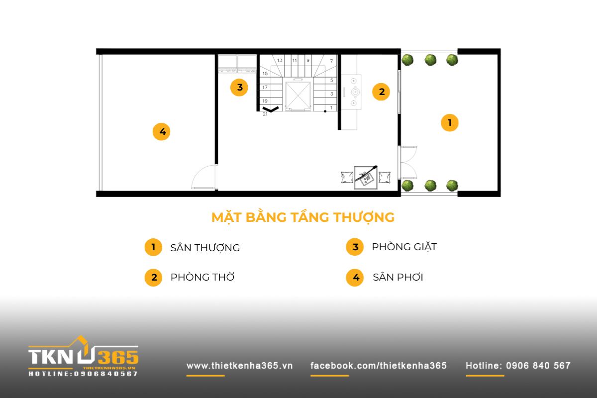 Mặt bằng tầng thượng gồm phòng thờ phía trước, khu giặt và sân phơi phía sau, tạo “khoảng thở” thông thoáng cho toàn bộ nhà phố 5 tầng