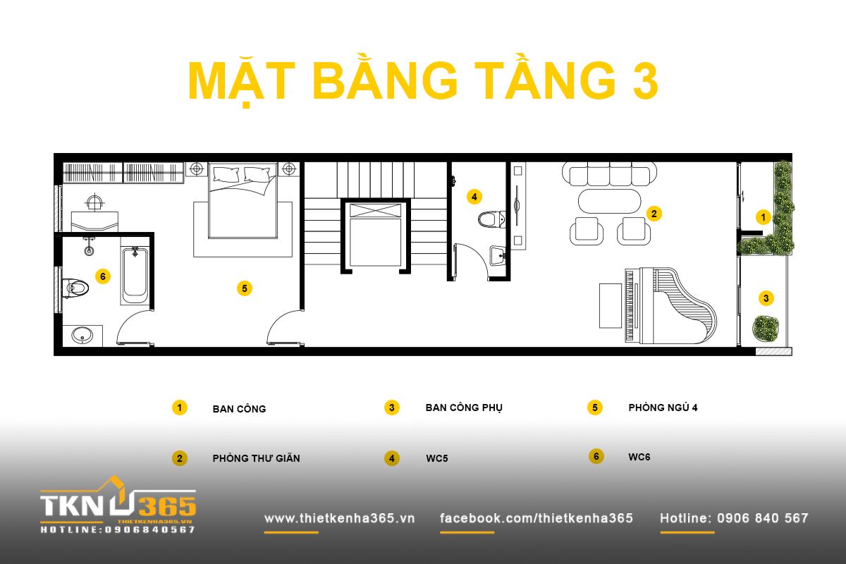 Thiết kế nhà phố 5 tầng với ban công xanh - Giải pháp cân bằng tỷ lệ và vi khí hậu 9 Mặt bằng tầng 3 của nhà phố 5 tầng kết hợp phòng ngủ và phòng thư giãn, không gian linh hoạt có thể chuyển đổi theo nhu cầu sử dụng