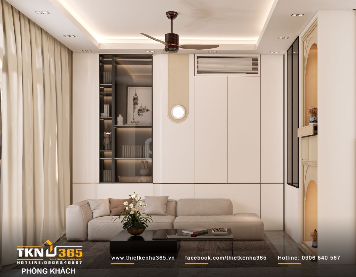 Phòng khách D’s House thiết kế theo phong cách hiện đại, tinh giản với bảng màu trắng - be làm nền, tạo cảm giác thoáng sáng và dễ chịu