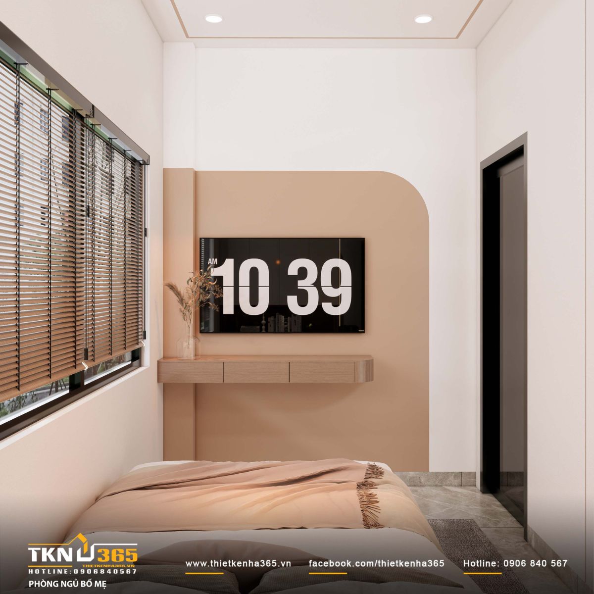 Mảng tường bo cong nhẹ phía sau tivi tạo điểm nhấn mềm mại, giúp không gian phòng ngủ trở nên cân bằng