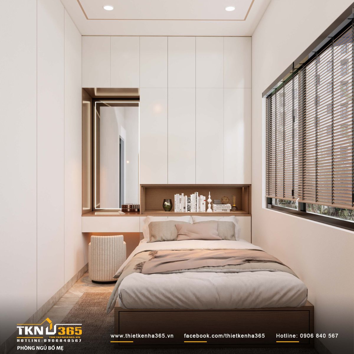 Hệ tủ âm tường kịch trần kết hợp bàn trang điểm liền khối giúp tối ưu diện tích, giữ cho phòng ngủ luôn ngăn nắp và liền mạch trong sử dụng