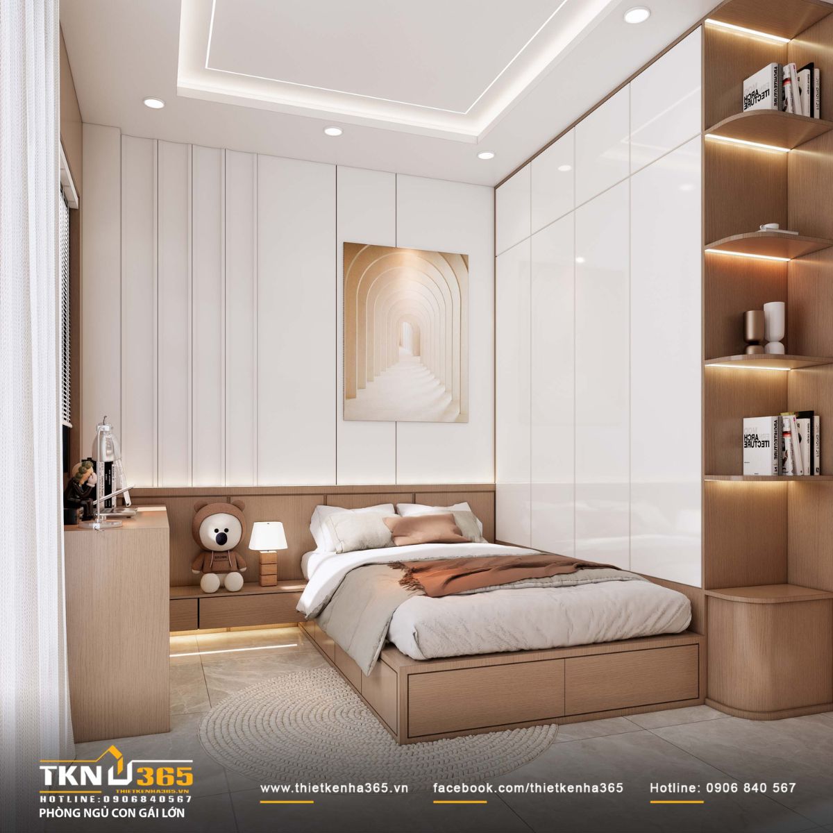 Giường gỗ tích hợp hộc kéo cùng hệ kệ và bàn học liền khối giúp tối ưu diện tích, giữ không gian gọn gàng và linh hoạt