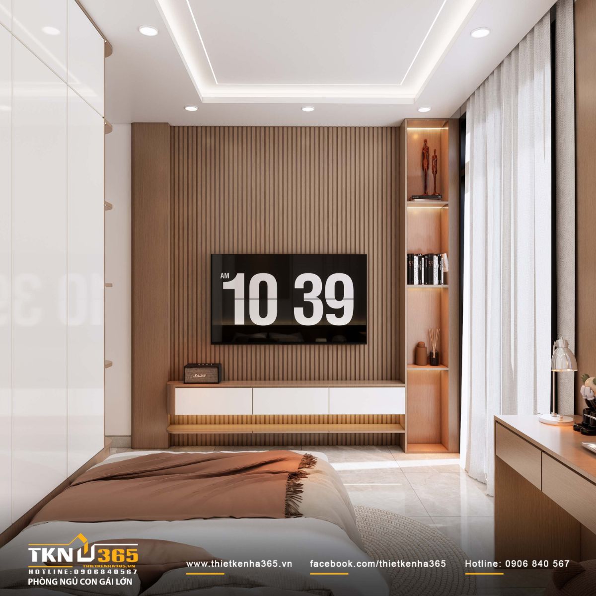Mảng tường ốp lam gỗ kết hợp kệ mở và ánh sáng hắt khe tạo điểm nhấn vừa đủ, mang lại chiều sâu và sự ấm áp cho không gian nghỉ ngơi