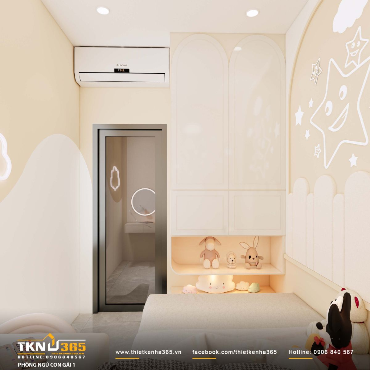 Mảng tường vòm kết hợp họa tiết ngôi sao và ánh sáng hắt dịu tạo nên bầu không khí sinh động nhưng vẫn đủ yên tĩnh cho giấc ngủ của trẻ