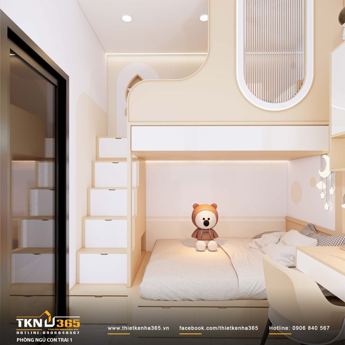 Hệ giường tầng kết hợp thang leo tích hợp hộc kéo giúp tối ưu diện tích, tạo sự thuận tiện và an toàn khi sử dụng hàng ngày