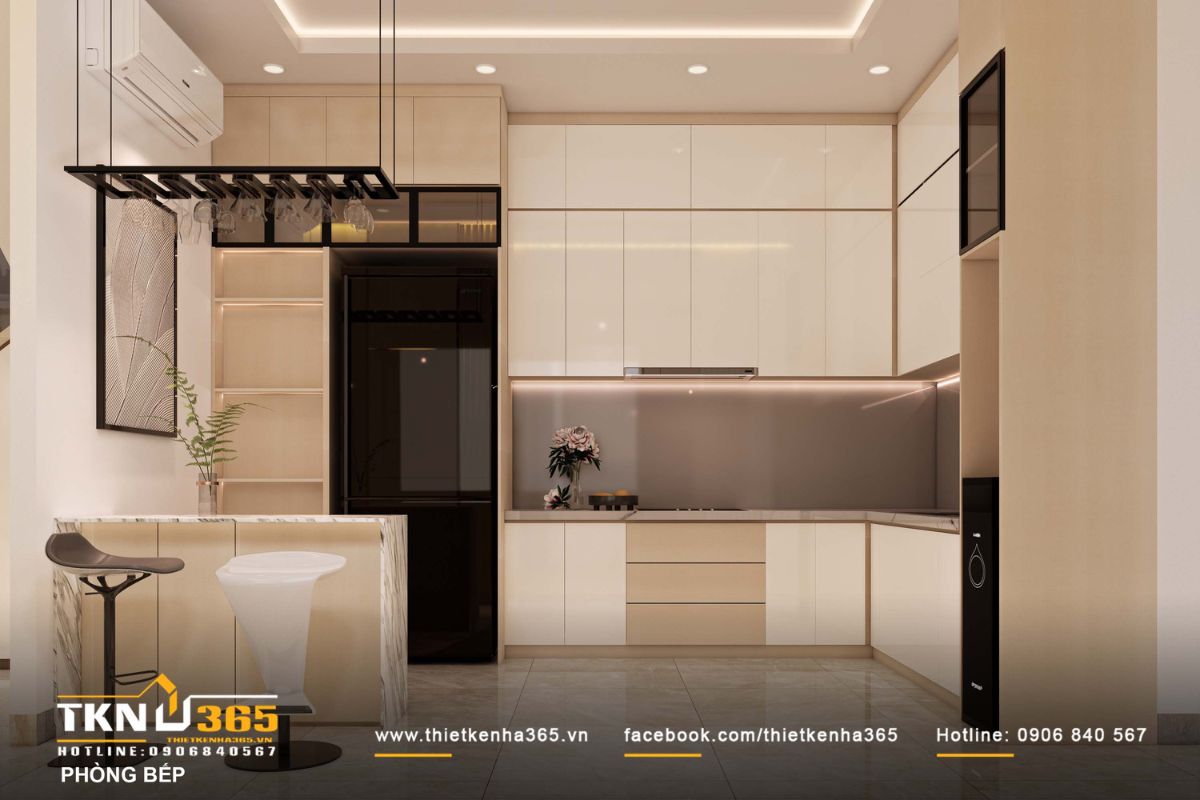 Khu bếp D’s House thiết kế gọn gàng với hệ tủ bếp chữ L kịch trần, phối trắng - be nhẹ nhàng, giữ không gian luôn sáng thoáng