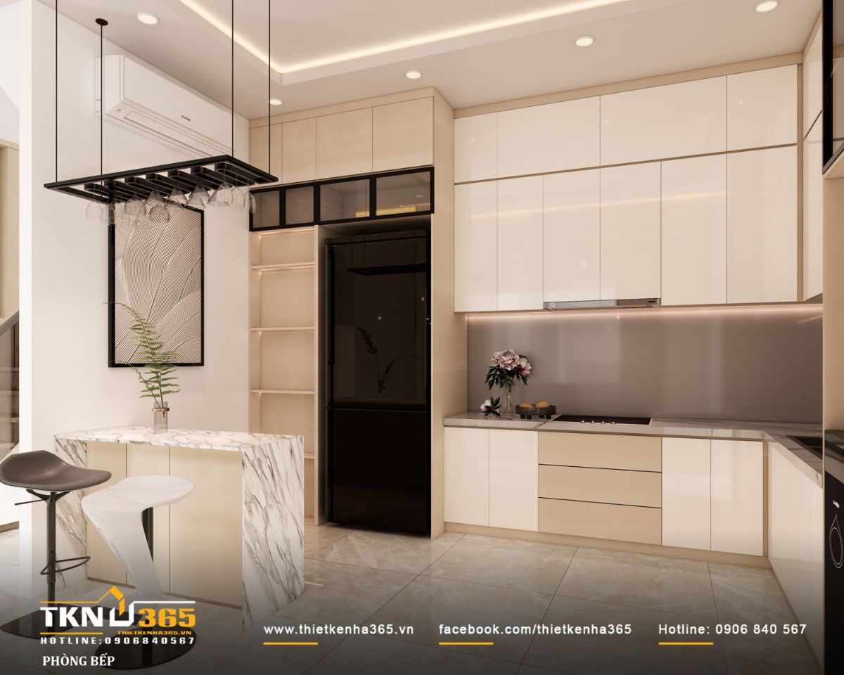 Hệ tủ bếp đồng bộ cùng thiết bị âm tường giúp tổng thể liền mạch, hạn chế chi tiết thừa và tạo cảm giác ngăn nắp cho khu vực nấu nướng