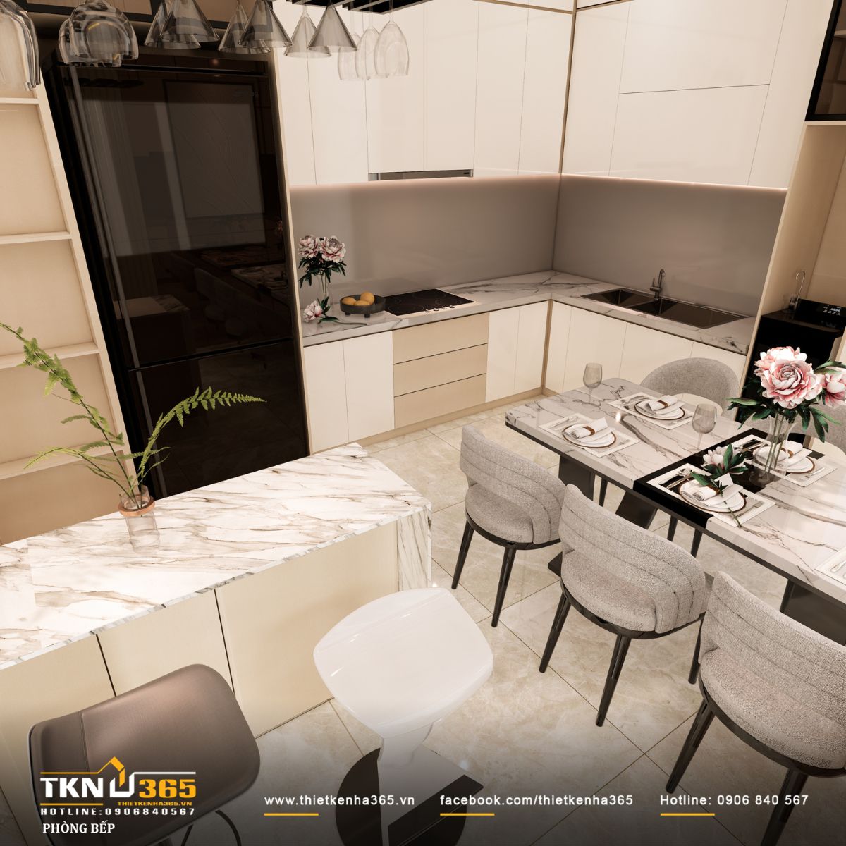 Bàn đảo bếp ốp đá marble vân tự nhiên tạo điểm chuyển tiếp mềm mại sang không gian ăn uống